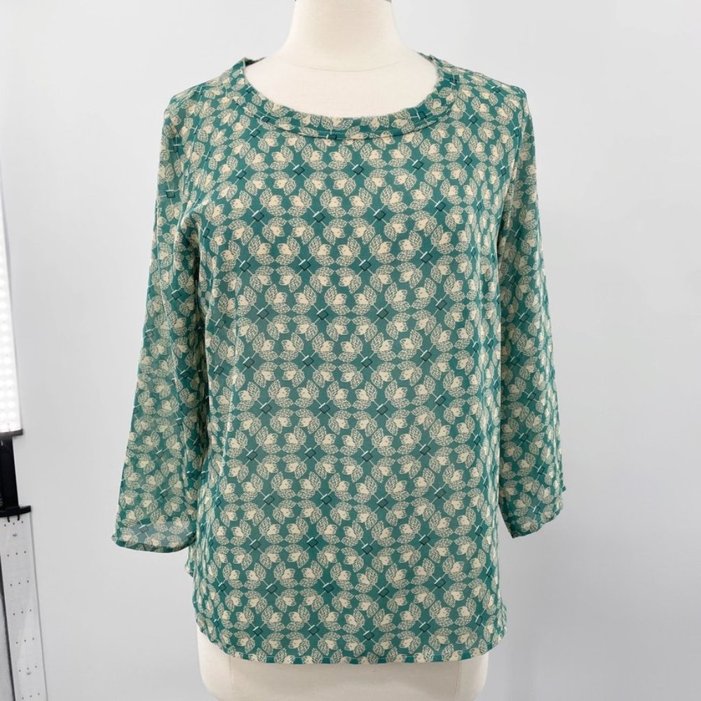 CAbi Womens Green & Tan Jade Leaf Sheer Floral BlouseTop  Size Medium M